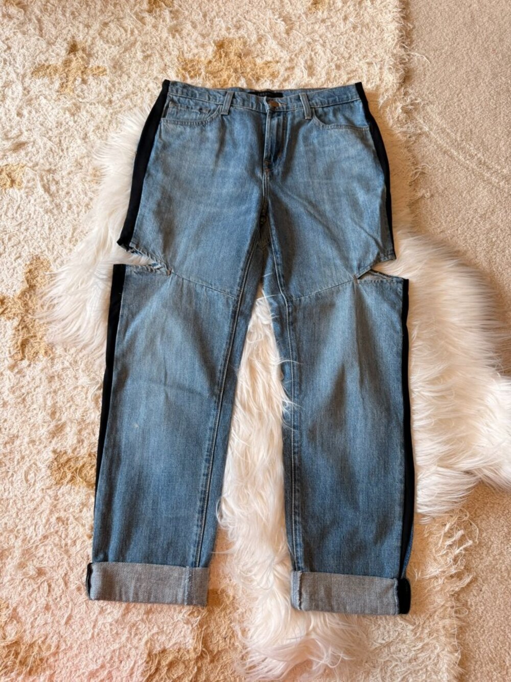 J. Brand Cut Out Boy Fit Blue Jeans with Black Side Stripes 26
